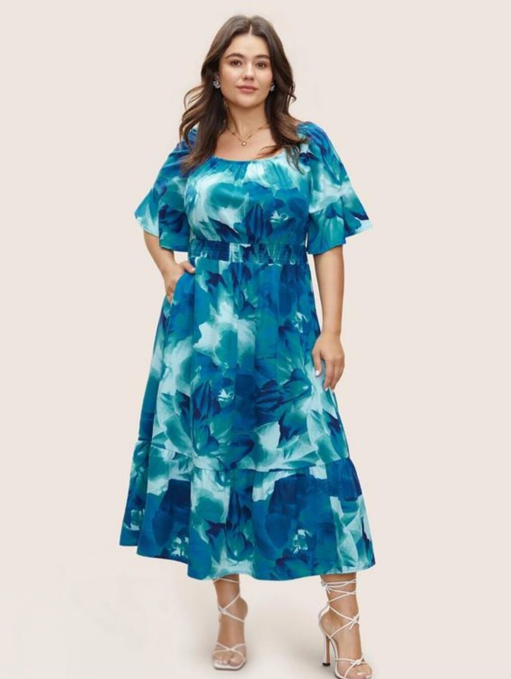 Plus Size Blue Floral Midi Dress with Smocked Waist